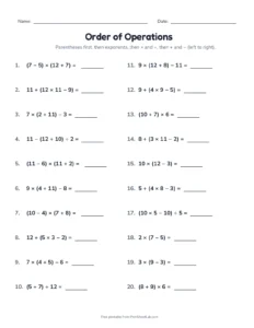 6th grade worksheets: order of operations with parentheses