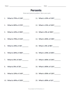6th grade worksheets: percent of a number