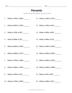 Percent of a Number (Set B) printable worksheet for grades 6 and 7