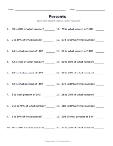 Find the Percent or the Whole printable worksheet for grades 6 and 7