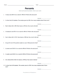 Percent Word Problems printable worksheet for grades 6 and 7