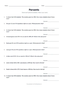 Percent Word Problems (Set B) printable worksheet for grades 6 and 7