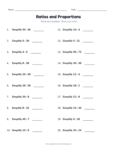 Simplify Ratios (Set B) printable worksheet for grades 6 and 7