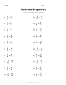 6th grade worksheets: solve proportions math worksheet