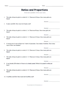 Ratio Word Problems and Unit Rates printable worksheet for grades 6 and 7