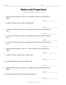 Ratio Word Problems and Unit Rates (Set B) printable worksheet for grades 6 and 7