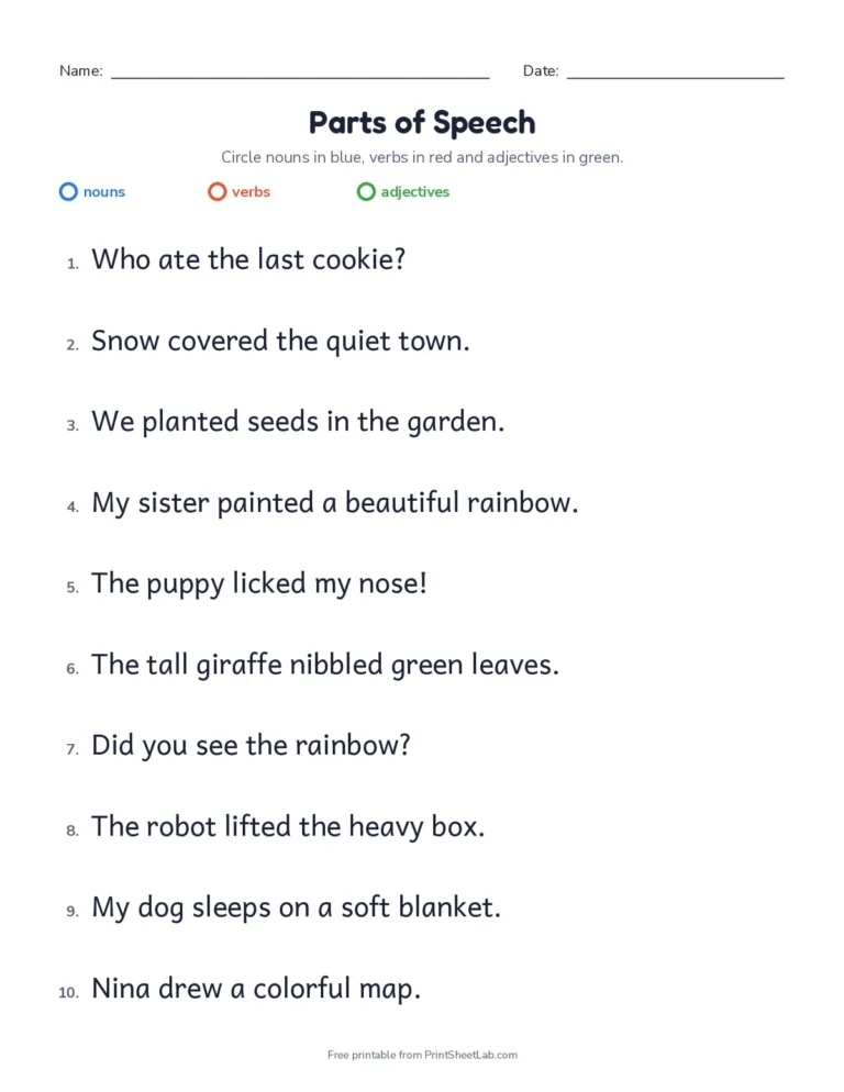 Parts of speech worksheet: circle nouns in blue, verbs in red and adjectives in green