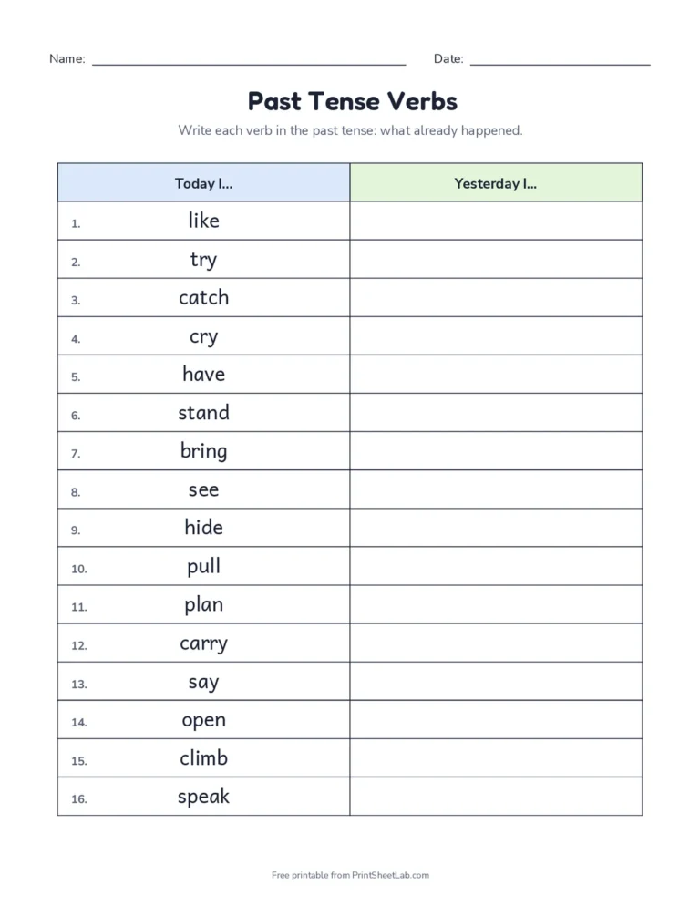 Past tense verbs worksheet with regular and irregular verbs, with answer key