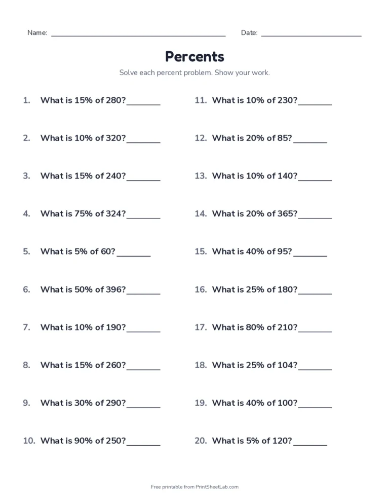 Percent of a number worksheet with answer key