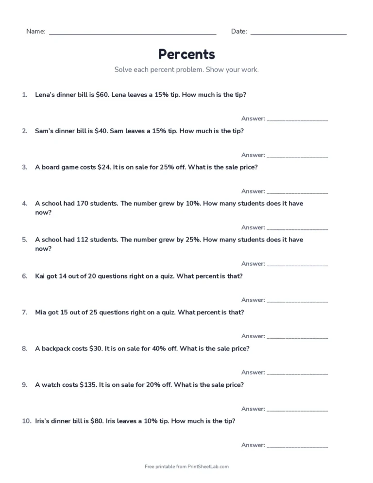 Percent word problems worksheet with answer key