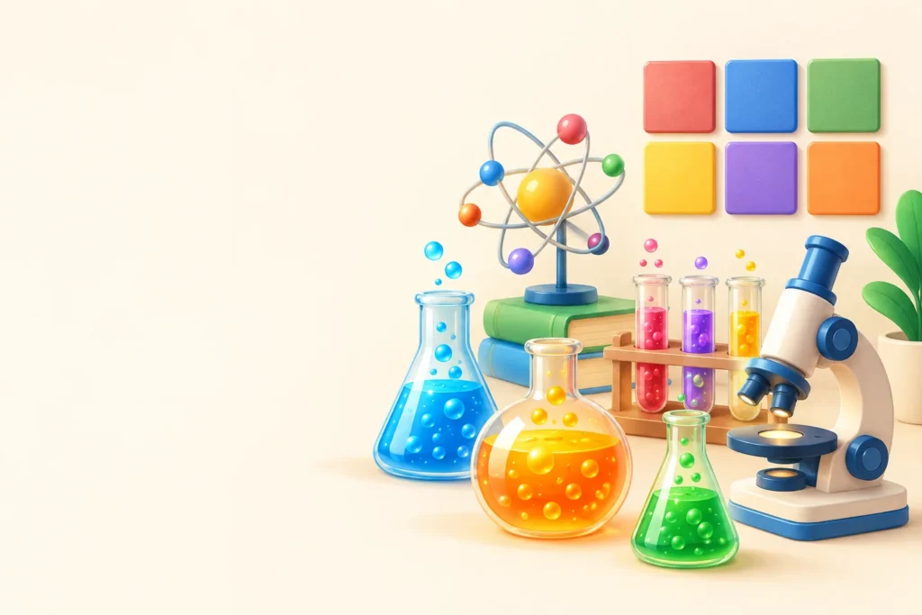 Illustration of colorful science flasks, test tubes, an atom model, a microscope and colored tiles
