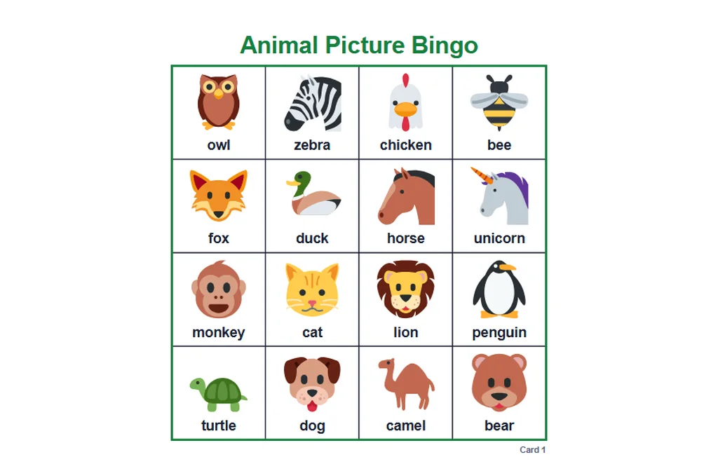 Picture bingo cards with animal pictures, one of the easiest birthday party games for kids