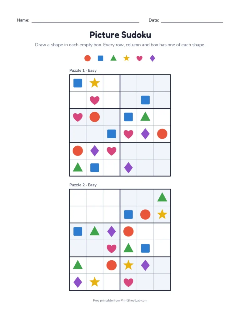 Four 6x6 picture sudoku puzzles with six colorful shapes and answer keys