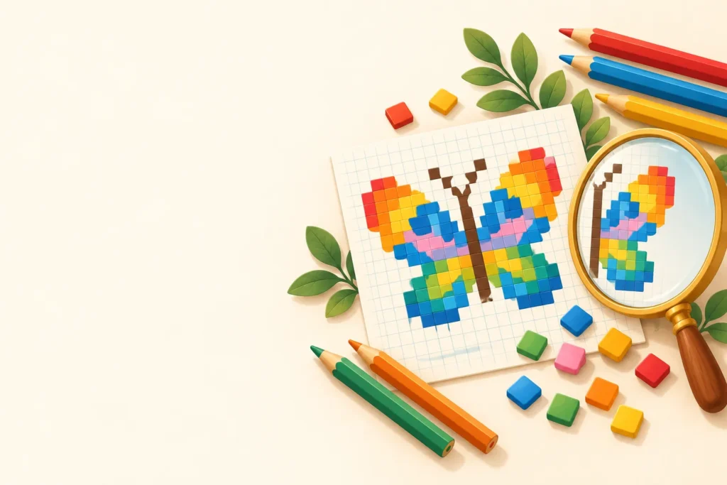 Illustration of a colorful pixel art butterfly on grid paper, a magnifying glass, colored pencils and square tiles