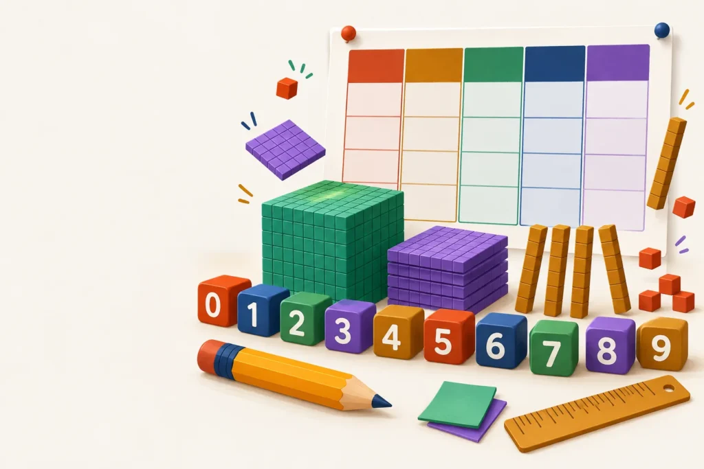 Illustration of a colorful place value chart with base-ten blocks, digit cubes 0 to 9, a pencil and a ruler