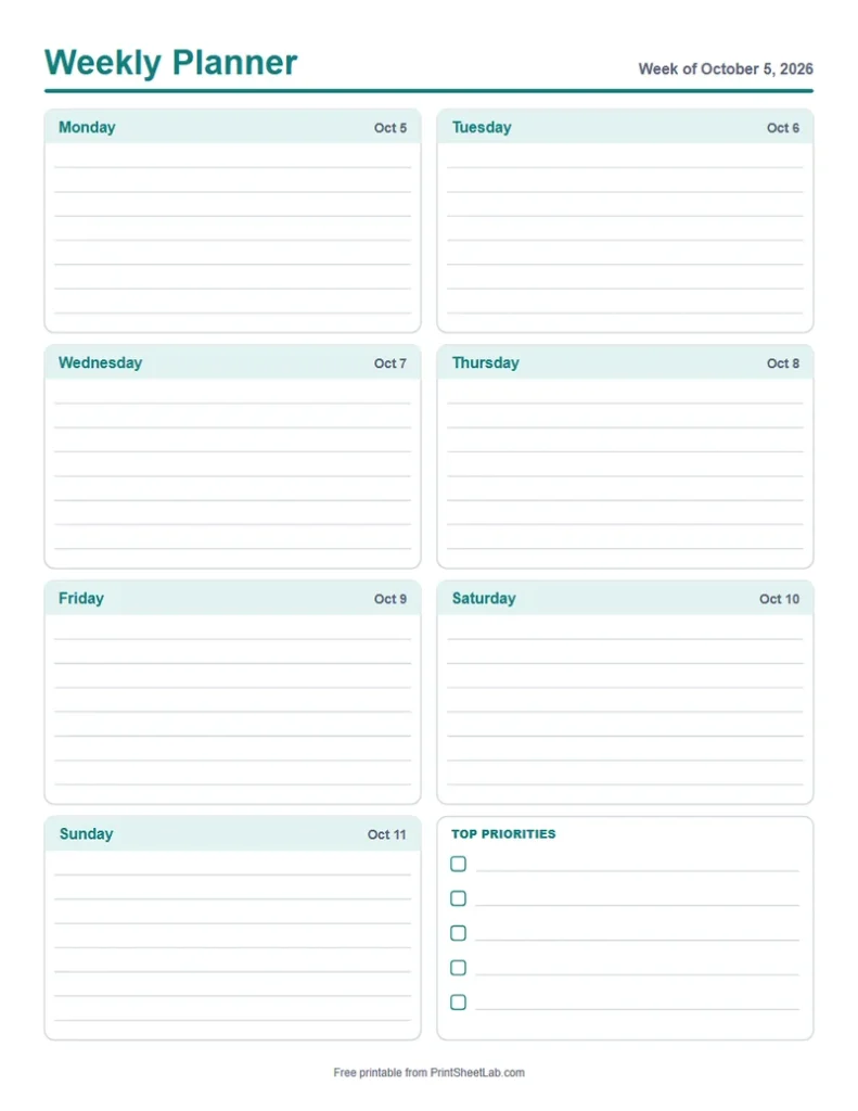 Printable Planner Maker in the teal color theme