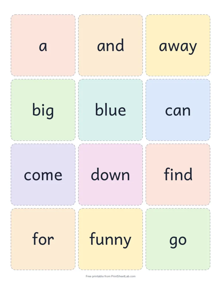 Sight word flash cards for the pre-primer Dolch sight words, 12 colorful cards per page with cut lines