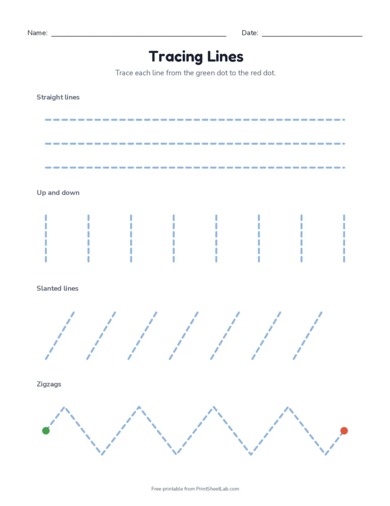 Pre-writing tracing lines worksheets: straight, slanted, zigzag, wave, loop, bump and curve lines