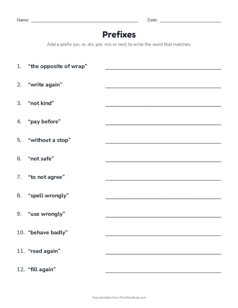 Prefixes: write the word worksheet with answer key