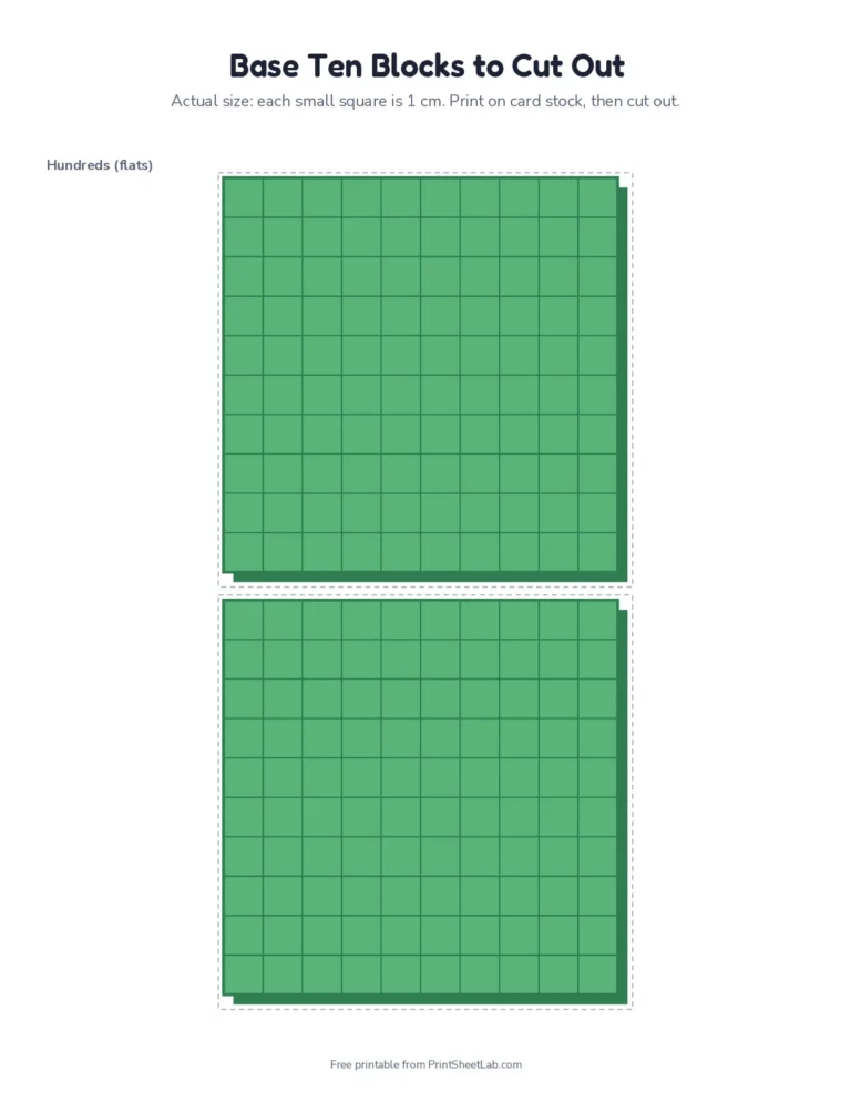 Printable base ten blocks at actual 1 cm size: flats, rods and units on three pages with cut lines