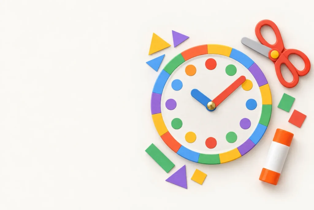 Illustration of a colorful paper plate clock with blue and red hands, scissors and a glue stick