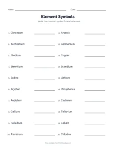 Element Symbols Quiz (Set B) printable worksheet for grades 5 to 8