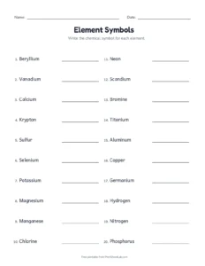 Element Symbols Quiz printable worksheet for grades 5 to 8