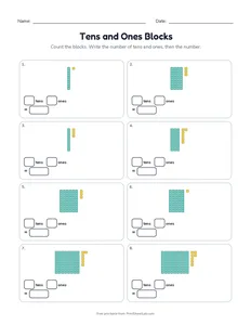 Tens and Ones Blocks printable worksheet for grade 1