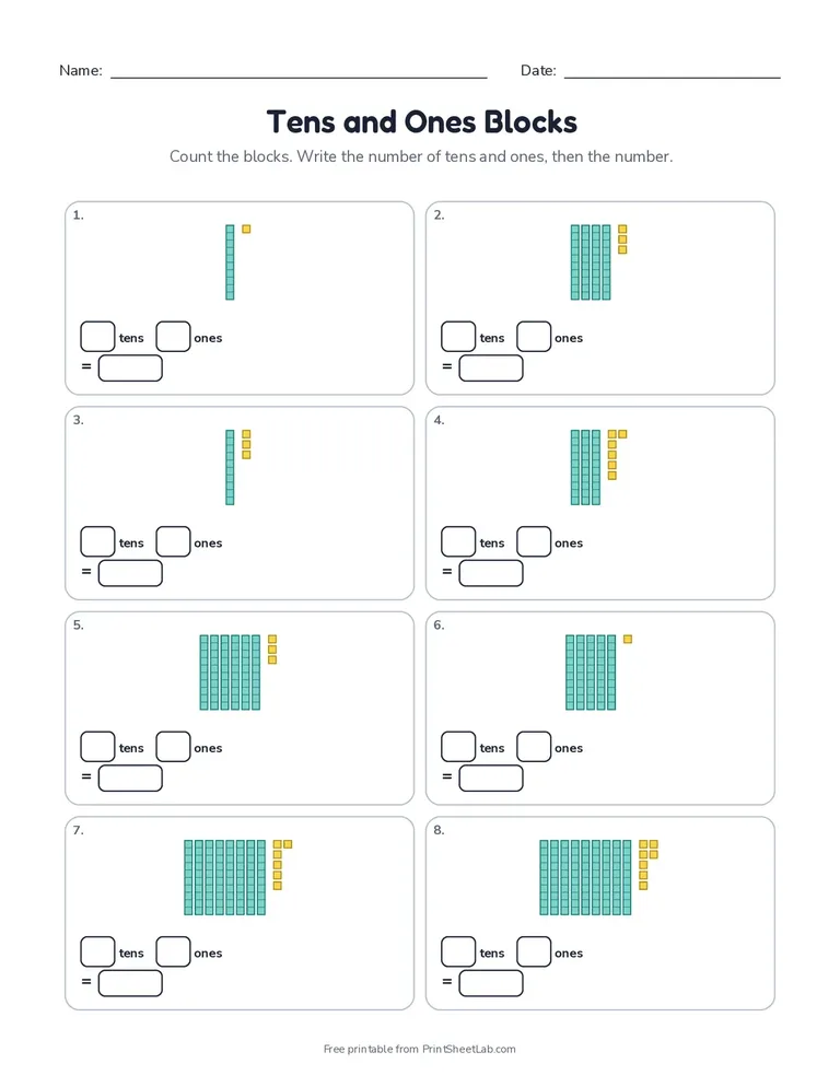Place value worksheets: a printable page on tens and ones with base ten blocks and an answer key