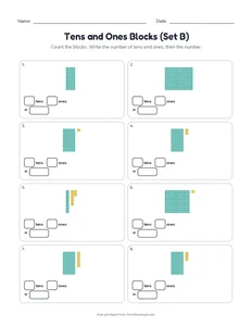 Tens and Ones Blocks (Set B) printable worksheet for grade 1