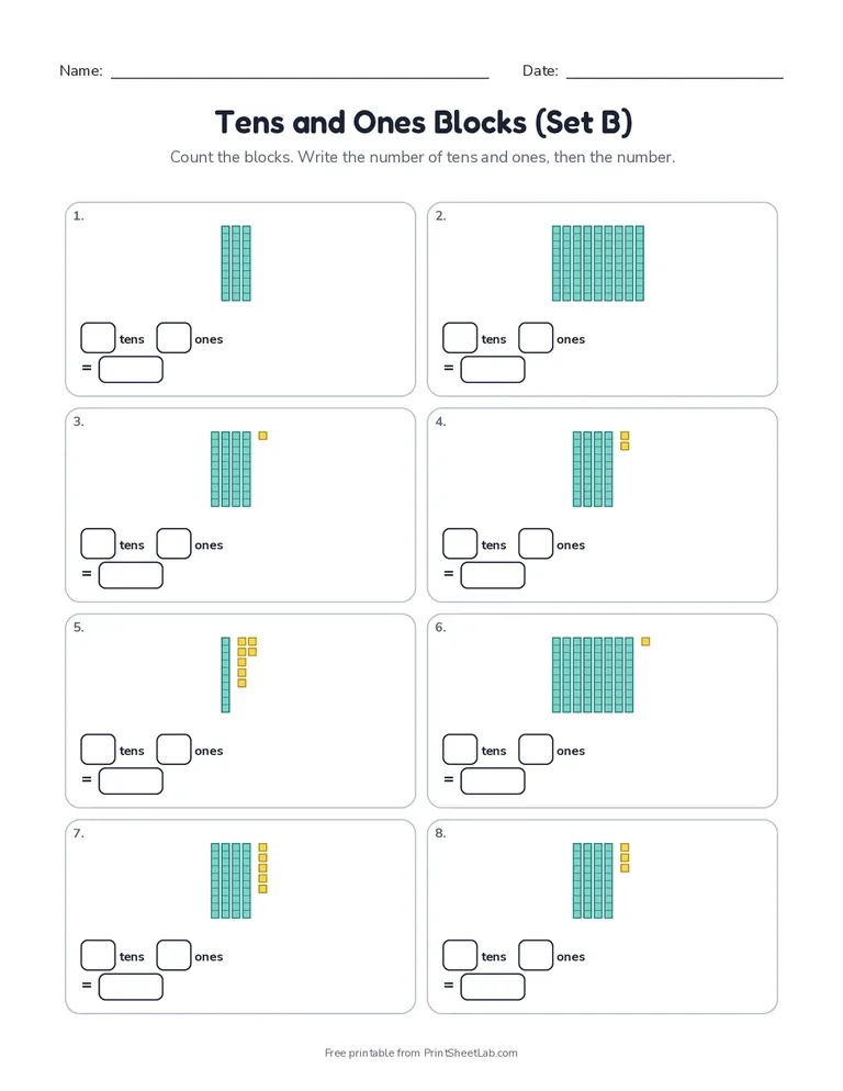 Tens and Ones Blocks (Set B) printable worksheet for grade 1