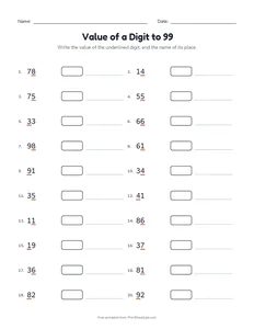 Value of a Digit to 99 printable worksheet for grade 1