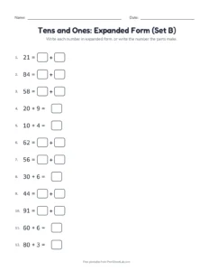Tens and Ones: Expanded Form (Set B) printable worksheet for grade 1