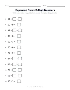 Expanded Form: 2-Digit Numbers printable worksheet for grade 1