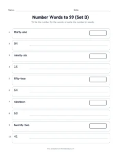 Number Words to 99 (Set B) printable worksheet for grade 1
