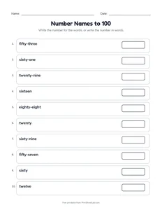 Number Names to 100 printable worksheet for grade 1