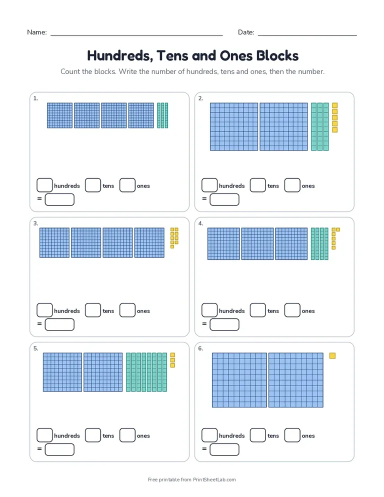 Hundreds, Tens and Ones Blocks printable worksheet for grade 2