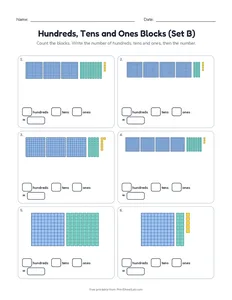 Hundreds, Tens and Ones Blocks (Set B) printable worksheet for grade 2