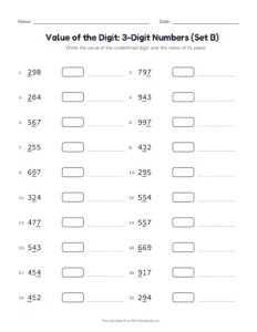 Value of the Digit: 3-Digit Numbers (Set B) printable worksheet for grade 2
