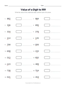 Value of a Digit to 999 printable worksheet for grade 2