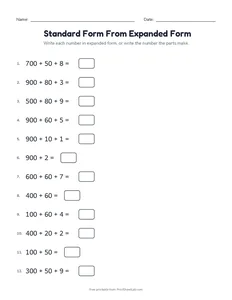 Standard Form From Expanded Form printable worksheet for grade 2