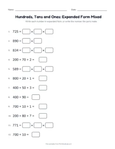 Hundreds, Tens and Ones: Expanded Form Mixed printable worksheet for grade 2