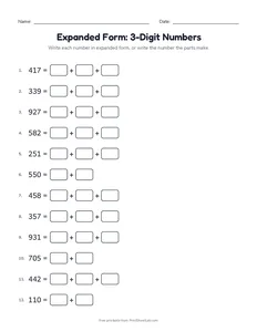 Expanded Form: 3-Digit Numbers printable worksheet for grade 2