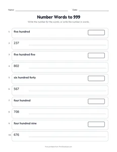 Number Words to 999 printable worksheet for grade 2