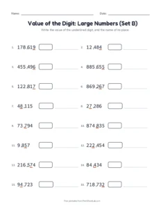 Value of the Digit: Large Numbers (Set B) printable worksheet for grade 4