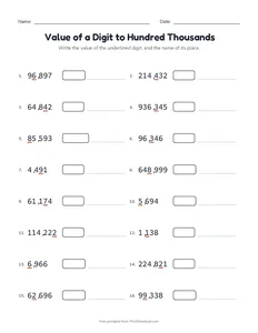 Value of a Digit to Hundred Thousands printable worksheet for grade 4