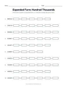 Expanded Form: Hundred Thousands printable worksheet for grade 4
