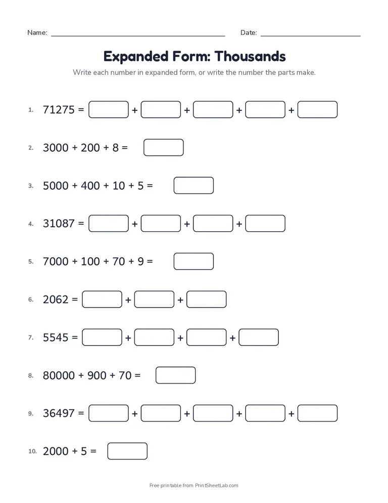 Expanded Form: Thousands printable worksheet for grade 4
