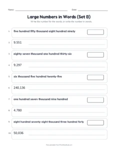 Large Numbers in Words (Set B) printable worksheet for grade 4