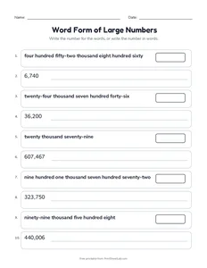 Word Form of Large Numbers printable worksheet for grade 4